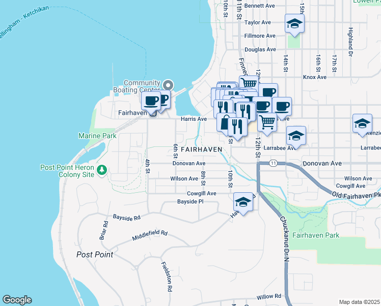 map of restaurants, bars, coffee shops, grocery stores, and more near 706 Larrabee Avenue in Bellingham