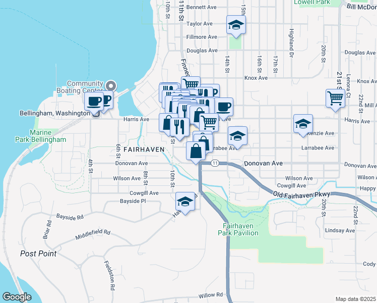 map of restaurants, bars, coffee shops, grocery stores, and more near 1100 Larrabee Avenue in Bellingham