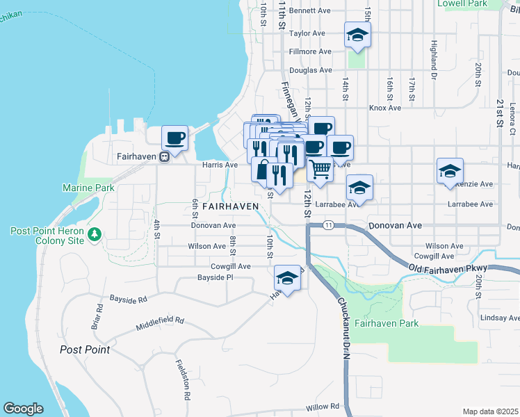 map of restaurants, bars, coffee shops, grocery stores, and more near 914 Larrabee Avenue in Bellingham