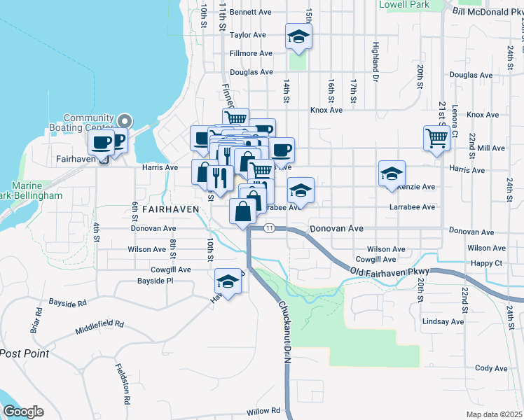 map of restaurants, bars, coffee shops, grocery stores, and more near 1501 12th Street in Bellingham