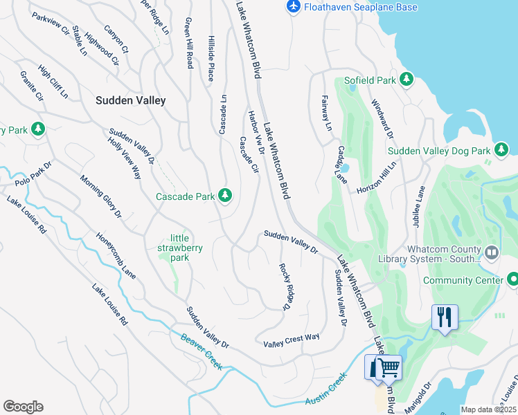map of restaurants, bars, coffee shops, grocery stores, and more near 43 Deer Run Lane in Bellingham