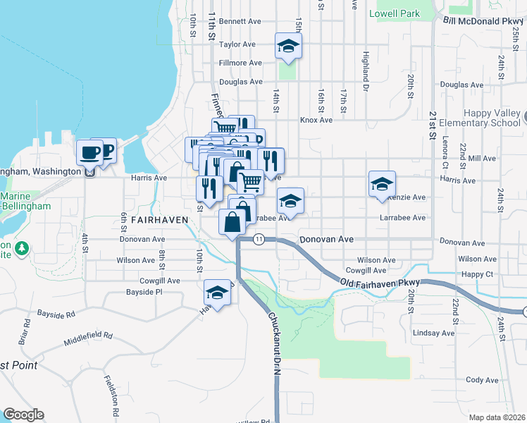 map of restaurants, bars, coffee shops, grocery stores, and more near 1305 Larrabee Avenue in Bellingham