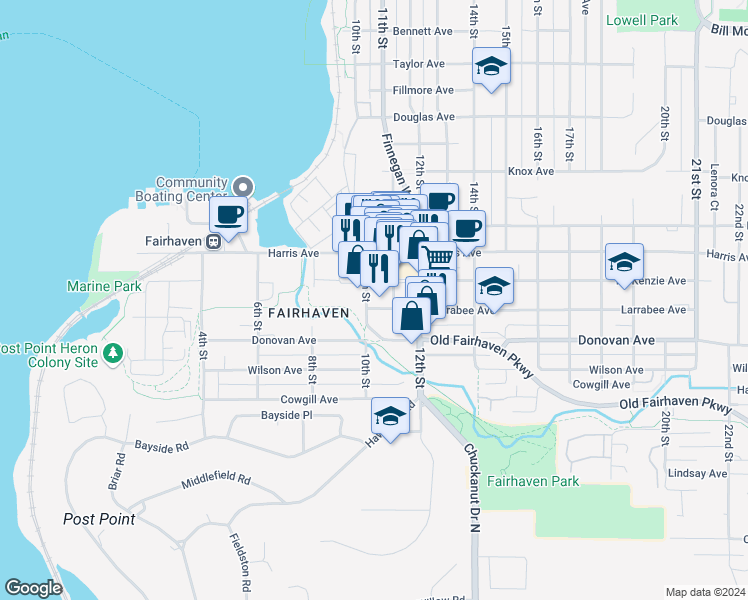 map of restaurants, bars, coffee shops, grocery stores, and more near 1100 Larrabee Avenue in Bellingham