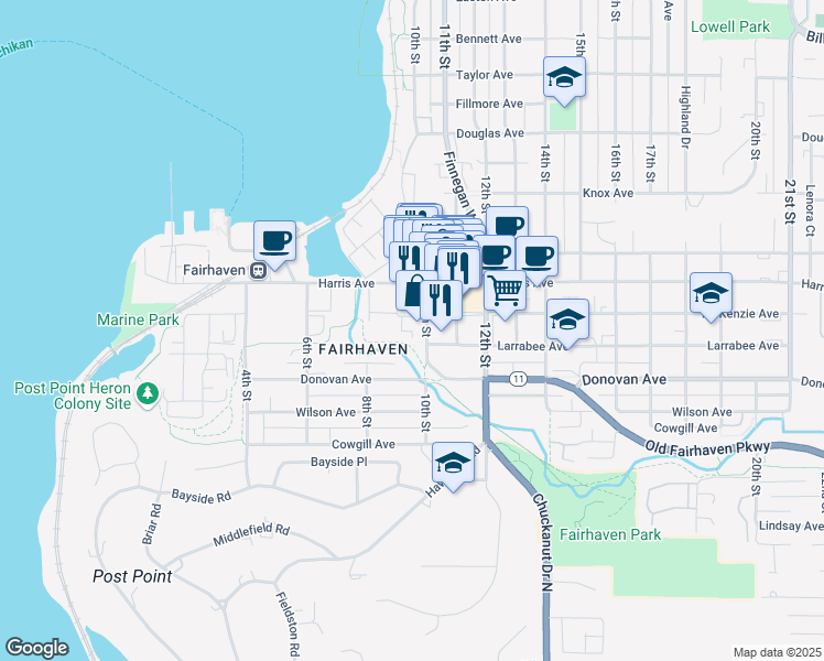 map of restaurants, bars, coffee shops, grocery stores, and more near 914 Larrabee Avenue in Bellingham