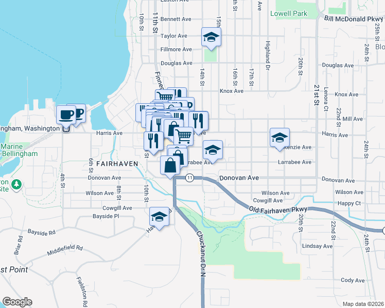 map of restaurants, bars, coffee shops, grocery stores, and more near 1305 Larrabee Avenue in Bellingham