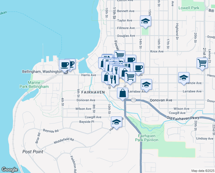 map of restaurants, bars, coffee shops, grocery stores, and more near 914 Larrabee Avenue in Bellingham