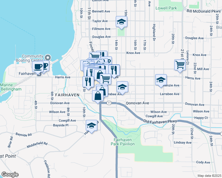 map of restaurants, bars, coffee shops, grocery stores, and more near 1305 Larrabee Avenue in Bellingham