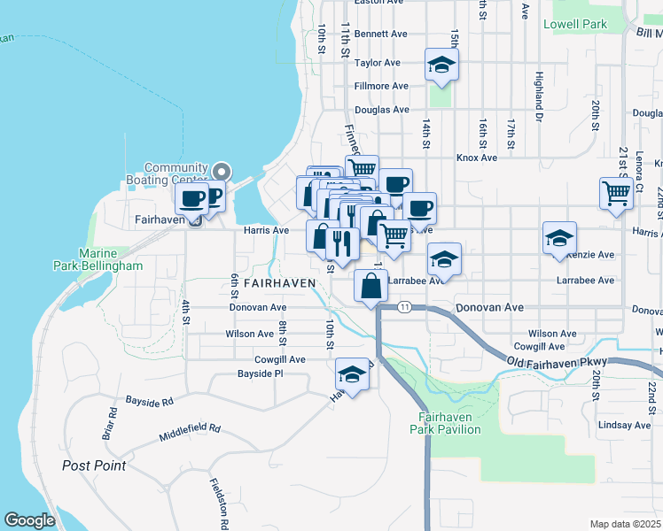 map of restaurants, bars, coffee shops, grocery stores, and more near 914 Larrabee Avenue in Bellingham
