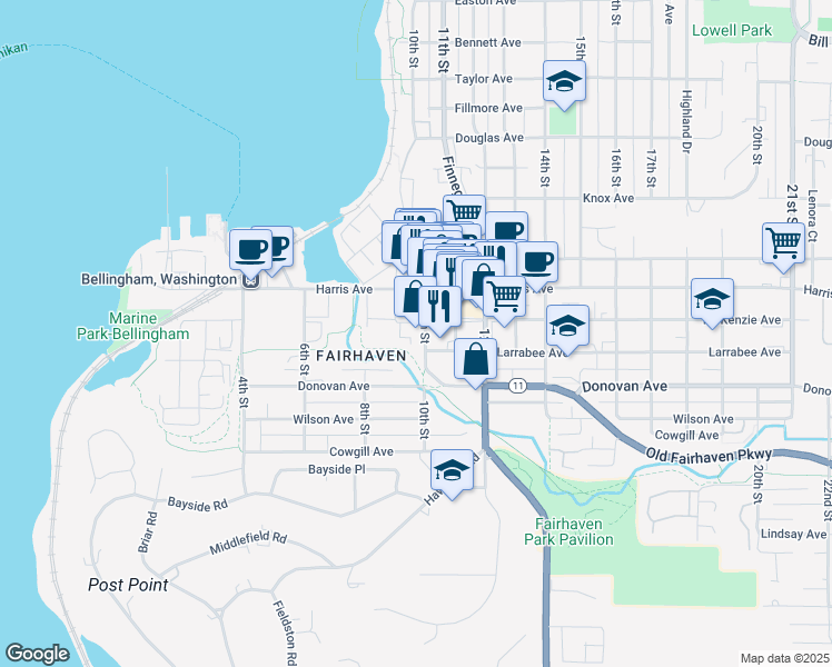 map of restaurants, bars, coffee shops, grocery stores, and more near 914 Larrabee Avenue in Bellingham