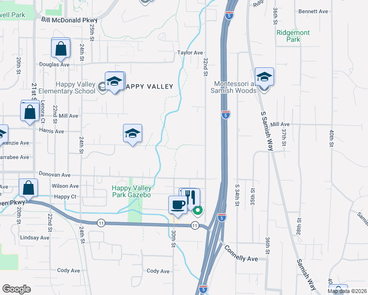 map of restaurants, bars, coffee shops, grocery stores, and more near 3101 Donovan Avenue in Bellingham
