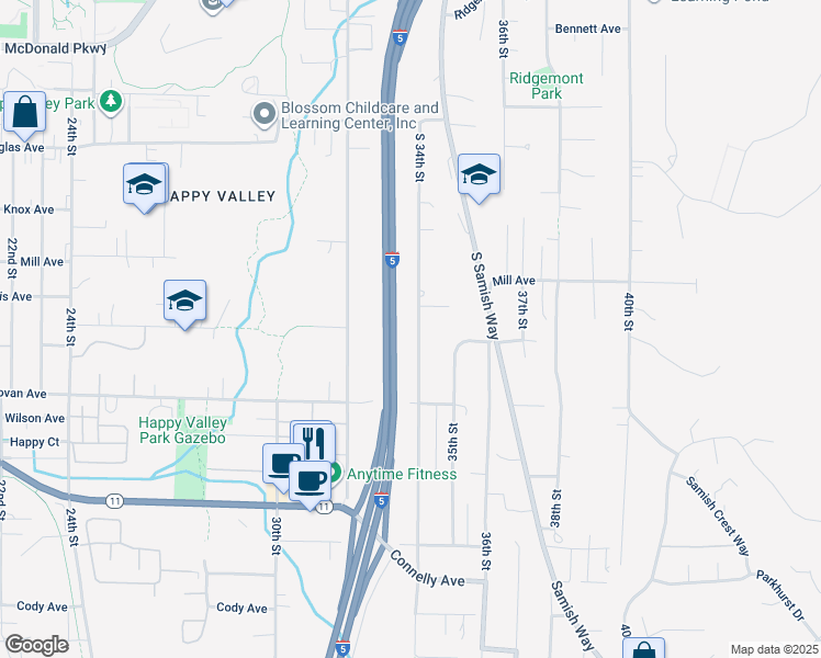 map of restaurants, bars, coffee shops, grocery stores, and more near 1306 South 34th Street in Bellingham