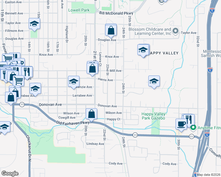 map of restaurants, bars, coffee shops, grocery stores, and more near 1401 22nd Street in Bellingham