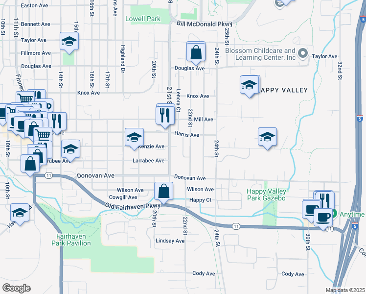 map of restaurants, bars, coffee shops, grocery stores, and more near 2120 Harris Avenue in Bellingham