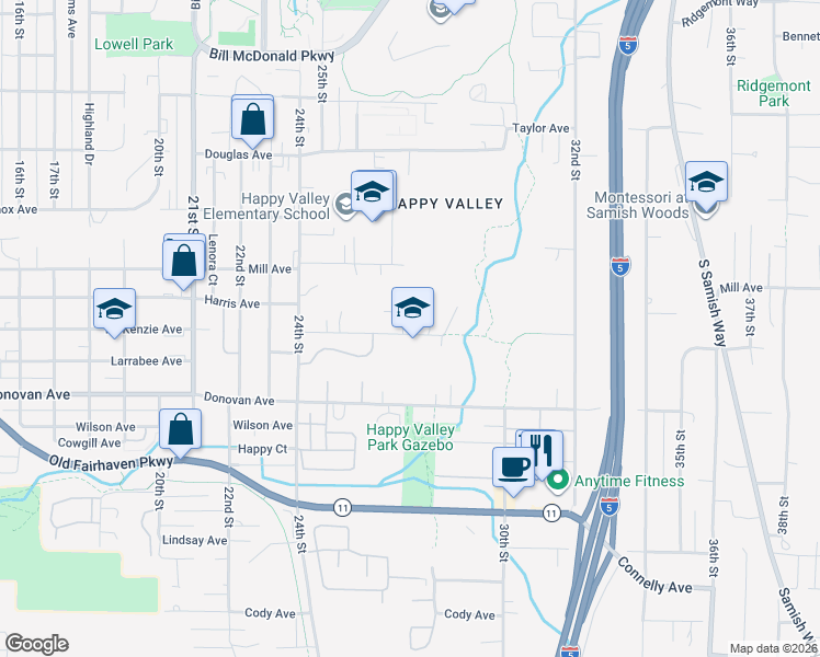 map of restaurants, bars, coffee shops, grocery stores, and more near 1323 Varsity Place in Bellingham