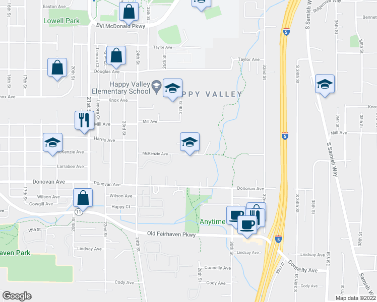 map of restaurants, bars, coffee shops, grocery stores, and more near 1323 Varsity Place in Bellingham