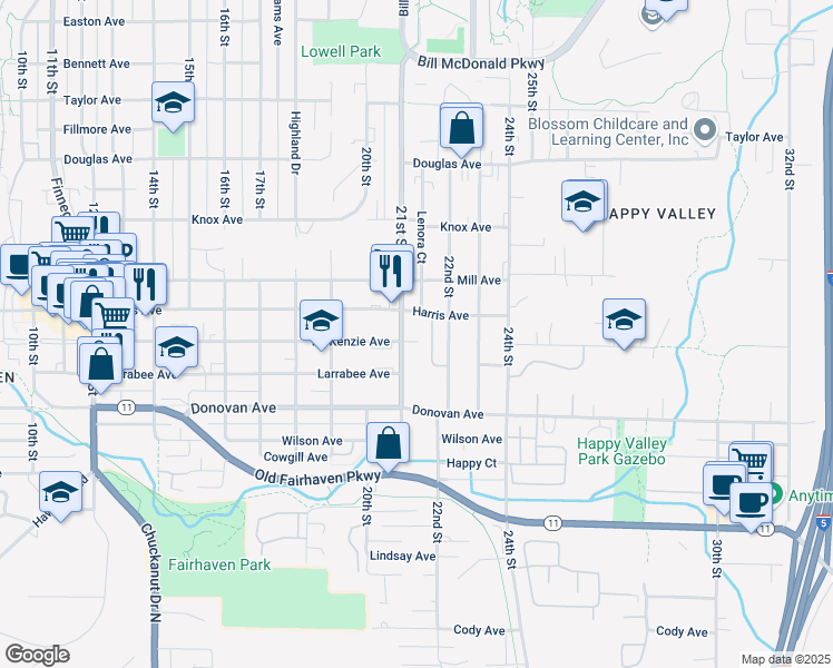 map of restaurants, bars, coffee shops, grocery stores, and more near 2102 Harris Avenue in Bellingham