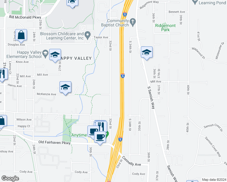 map of restaurants, bars, coffee shops, grocery stores, and more near 1289 32nd Street in Bellingham