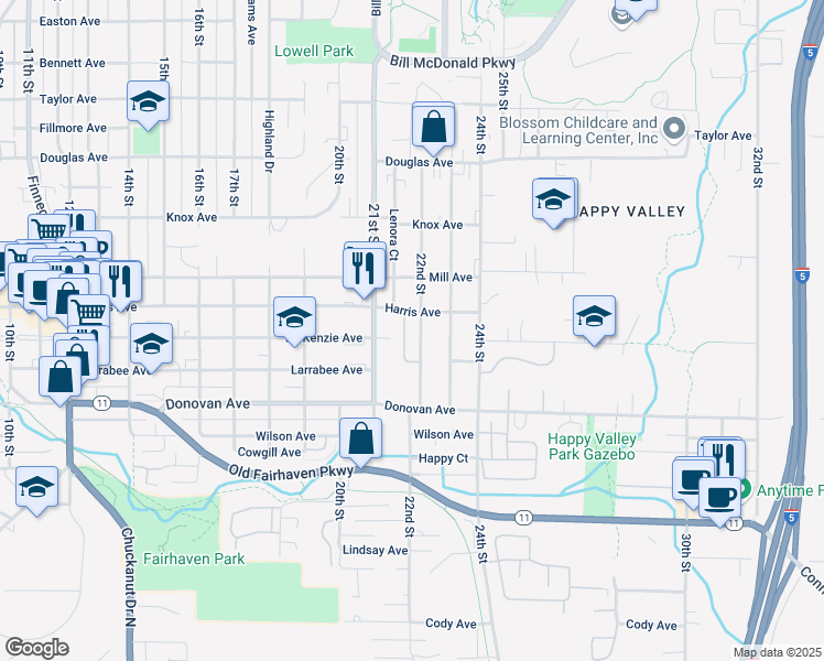 map of restaurants, bars, coffee shops, grocery stores, and more near 1304 22nd Street in Bellingham