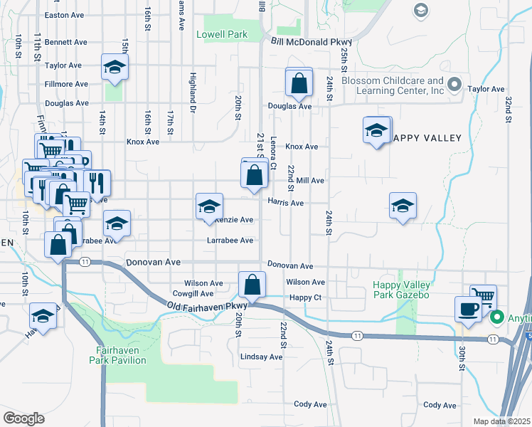 map of restaurants, bars, coffee shops, grocery stores, and more near 2102 Harris Avenue in Bellingham
