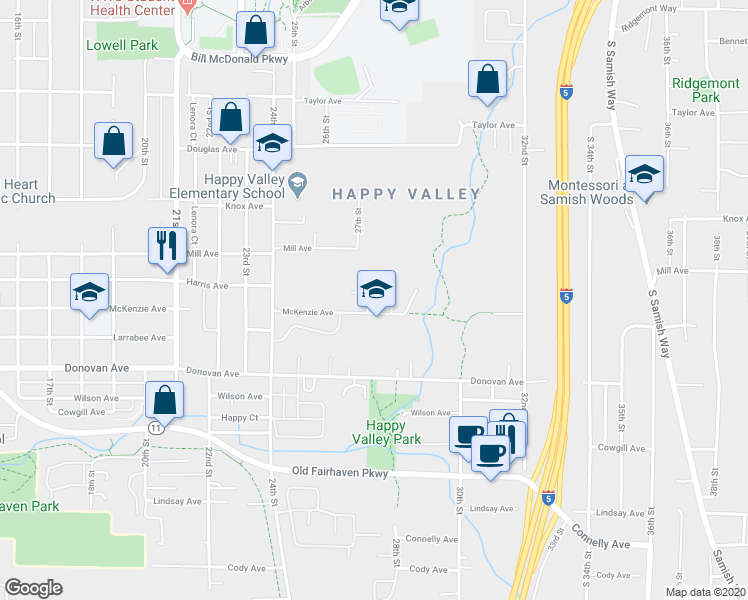 map of restaurants, bars, coffee shops, grocery stores, and more near 1323 Varsity Place in Bellingham
