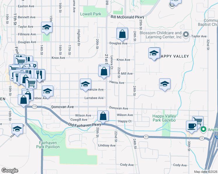 map of restaurants, bars, coffee shops, grocery stores, and more near 2102 Harris Avenue in Bellingham