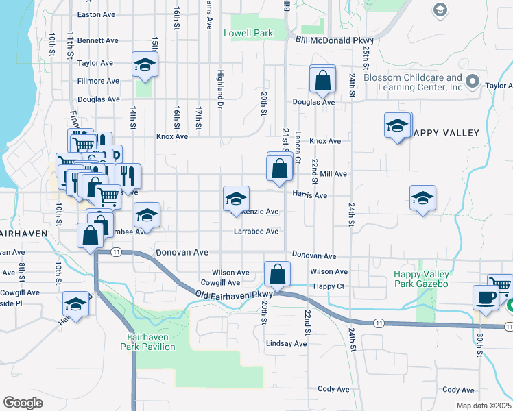 map of restaurants, bars, coffee shops, grocery stores, and more near 2000 Harris Avenue in Bellingham