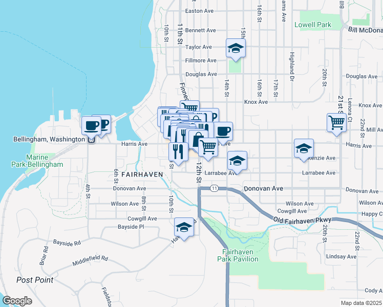 map of restaurants, bars, coffee shops, grocery stores, and more near 1020 Harris Avenue in Bellingham