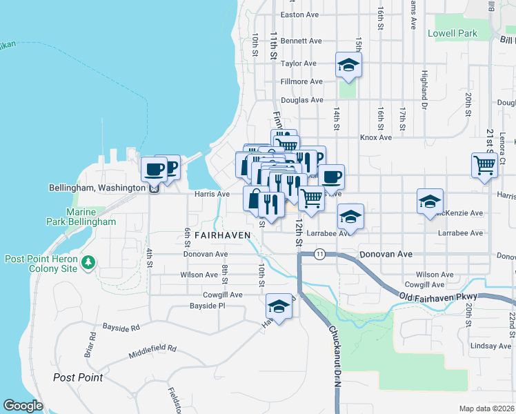 map of restaurants, bars, coffee shops, grocery stores, and more near 960 Harris Avenue in Bellingham