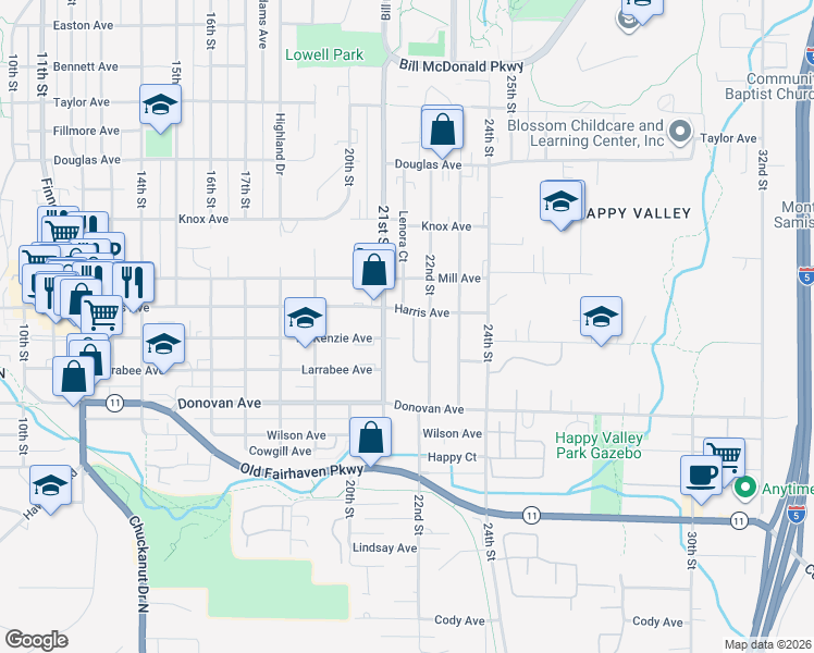 map of restaurants, bars, coffee shops, grocery stores, and more near 2116 Harris Avenue in Bellingham