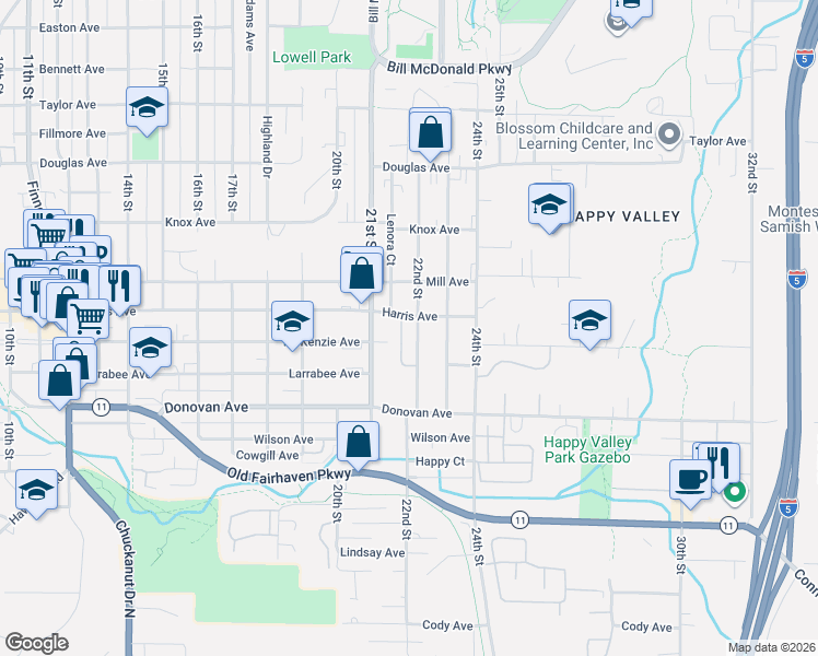 map of restaurants, bars, coffee shops, grocery stores, and more near 2200 Harris Avenue in Bellingham