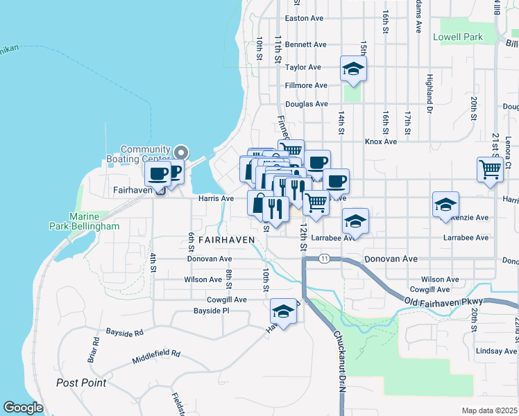 map of restaurants, bars, coffee shops, grocery stores, and more near 910 Harris Avenue in Bellingham