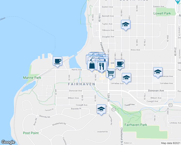 map of restaurants, bars, coffee shops, grocery stores, and more near 960 Harris Avenue in Bellingham