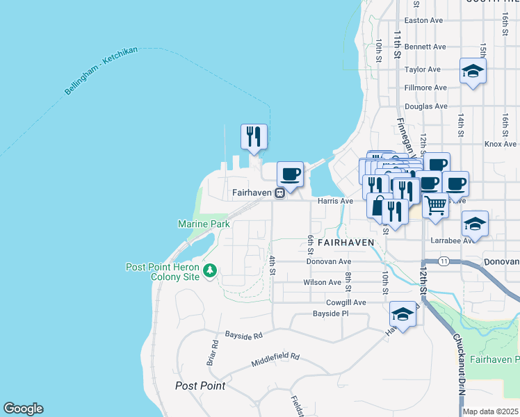 map of restaurants, bars, coffee shops, grocery stores, and more near 300 Harris Avenue in Bellingham