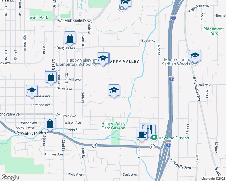 map of restaurants, bars, coffee shops, grocery stores, and more near 1323 Varsity Place in Bellingham