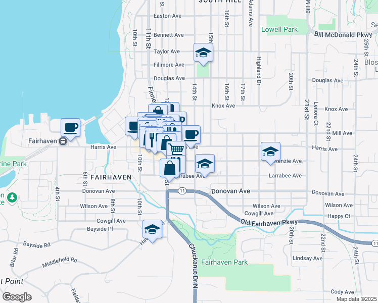map of restaurants, bars, coffee shops, grocery stores, and more near 1310 Harris Avenue in Bellingham