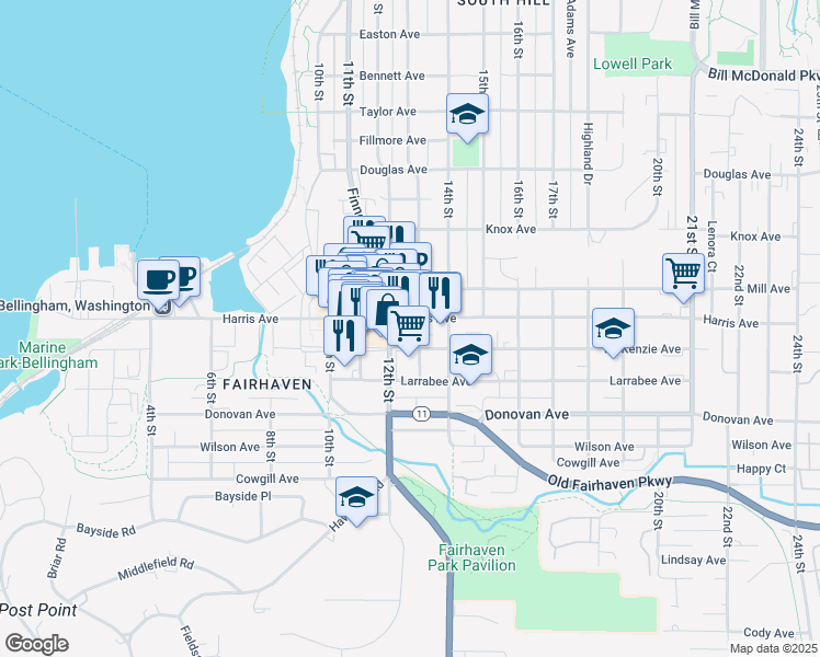 map of restaurants, bars, coffee shops, grocery stores, and more near 1204 Harris Avenue in Bellingham