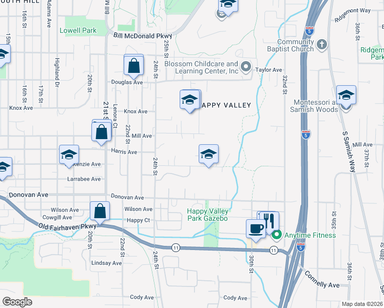 map of restaurants, bars, coffee shops, grocery stores, and more near 1323 Varsity Place in Bellingham
