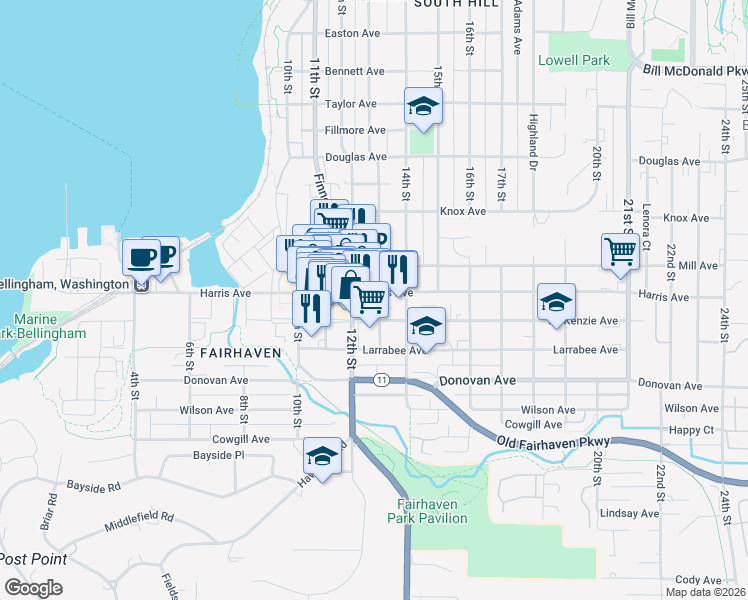 map of restaurants, bars, coffee shops, grocery stores, and more near 1204 Harris Avenue in Bellingham