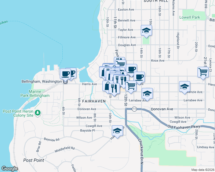 map of restaurants, bars, coffee shops, grocery stores, and more near 960 Harris Avenue in Bellingham