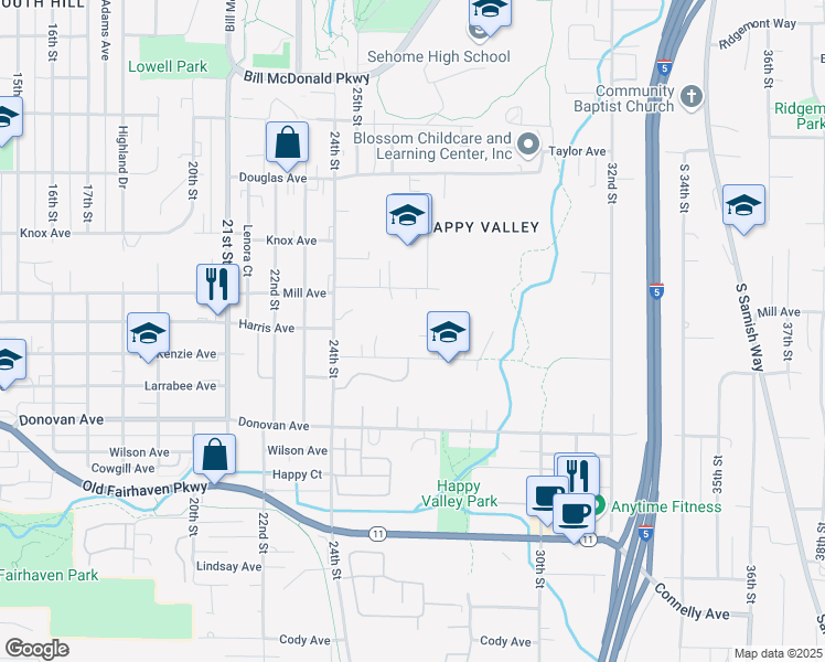 map of restaurants, bars, coffee shops, grocery stores, and more near 1323 Varsity Place in Bellingham