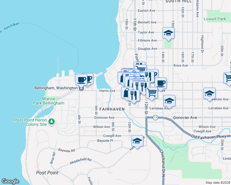 map of restaurants, bars, coffee shops, grocery stores, and more near 810 Harris Avenue in Bellingham