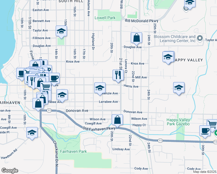map of restaurants, bars, coffee shops, grocery stores, and more near 2000 Harris Avenue in Bellingham