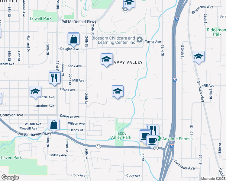 map of restaurants, bars, coffee shops, grocery stores, and more near 1323 Varsity Place in Bellingham