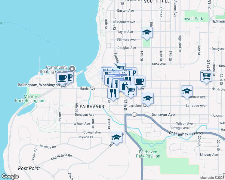 map of restaurants, bars, coffee shops, grocery stores, and more near 1020 Harris Avenue in Bellingham