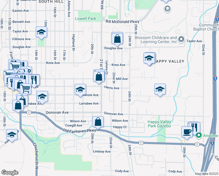 map of restaurants, bars, coffee shops, grocery stores, and more near 2128 Harris Avenue in Bellingham