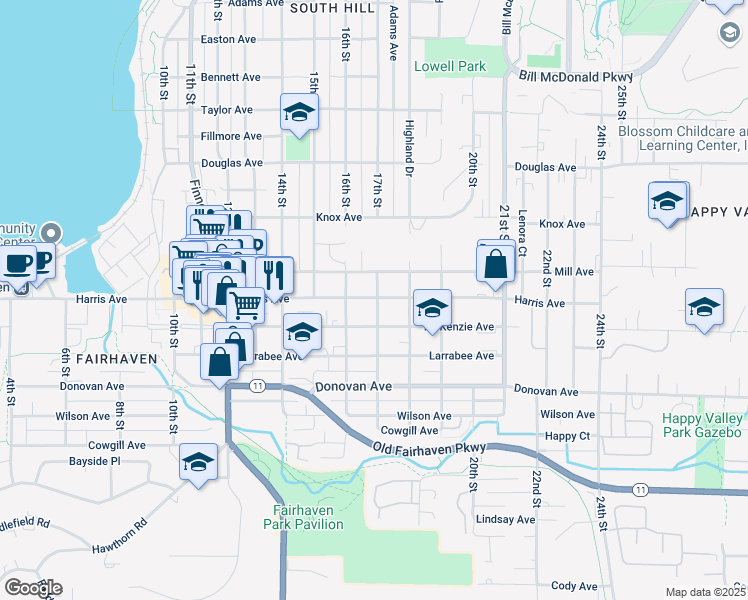 map of restaurants, bars, coffee shops, grocery stores, and more near 1618 Harris Avenue in Bellingham