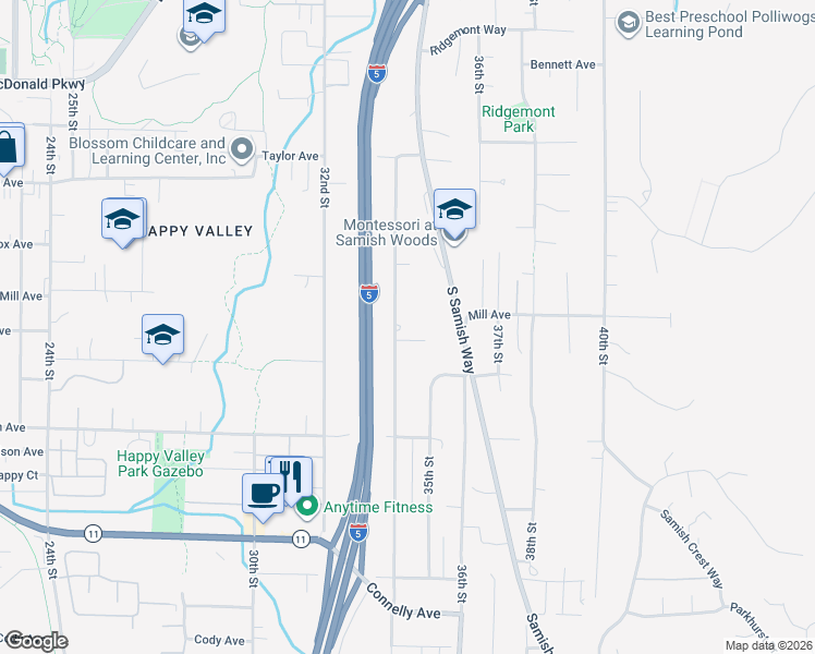 map of restaurants, bars, coffee shops, grocery stores, and more near 1209 South 34th Street in Bellingham