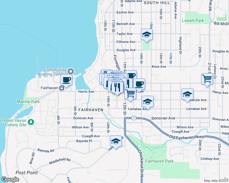 map of restaurants, bars, coffee shops, grocery stores, and more near 1020 Harris Ave in Bellingham