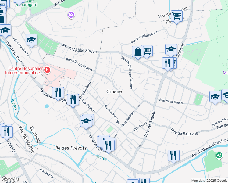map of restaurants, bars, coffee shops, grocery stores, and more near in Crosne