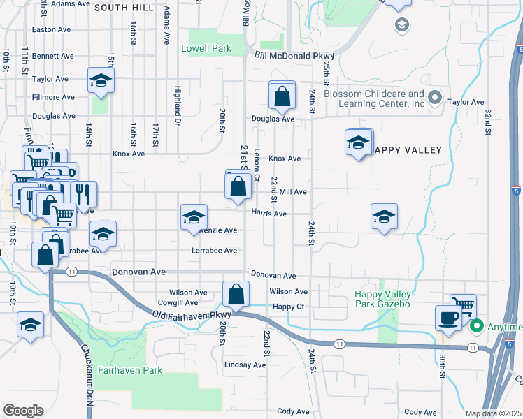map of restaurants, bars, coffee shops, grocery stores, and more near 2102 Harris Avenue in Bellingham